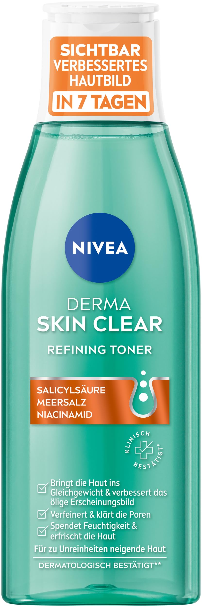 NIVEA Derma Skin Clear Refining Toner, tonico viso perfezionante per una pelle visibilmente migliorata, pulizia del viso con acido salicilico e niacinamide (200 ml)