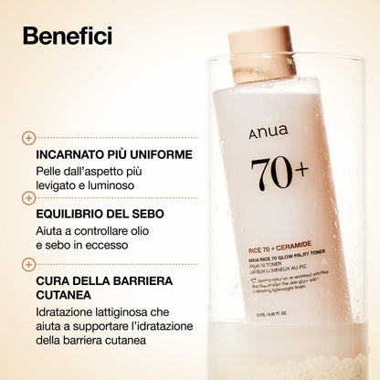 Anua Rice 70 Glow Milky Toner – Tonico Viso Idratante e Illuminante Coreano, con Acqua di Riso 70%, Niacinamide, Ceramidi e Pantenolo, Tonico Lattiginoso per Pelle Sensibile, Non Comedogenico (250ml)